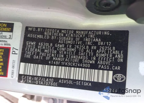 2012 Toyota Camry Xle z USA, uszkodzony, nr VIN 4T4BF1FK9CR244900